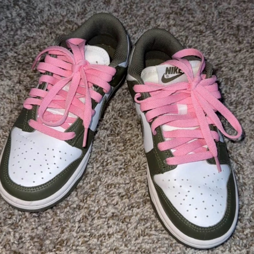 Olive Green Nike Dunks with Pink Laces